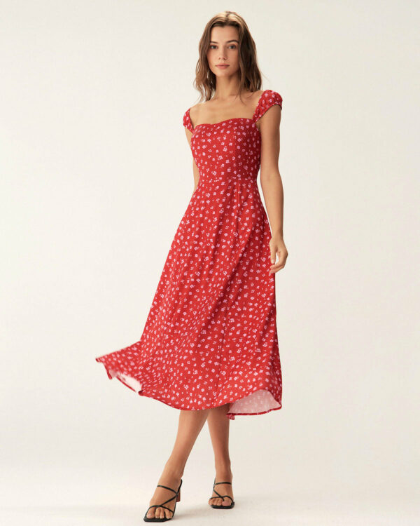 Red Floral Neck Cap Sleeve Midi Dress - Image 3