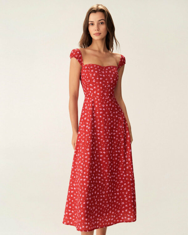 Red Floral Neck Cap Sleeve Midi Dress