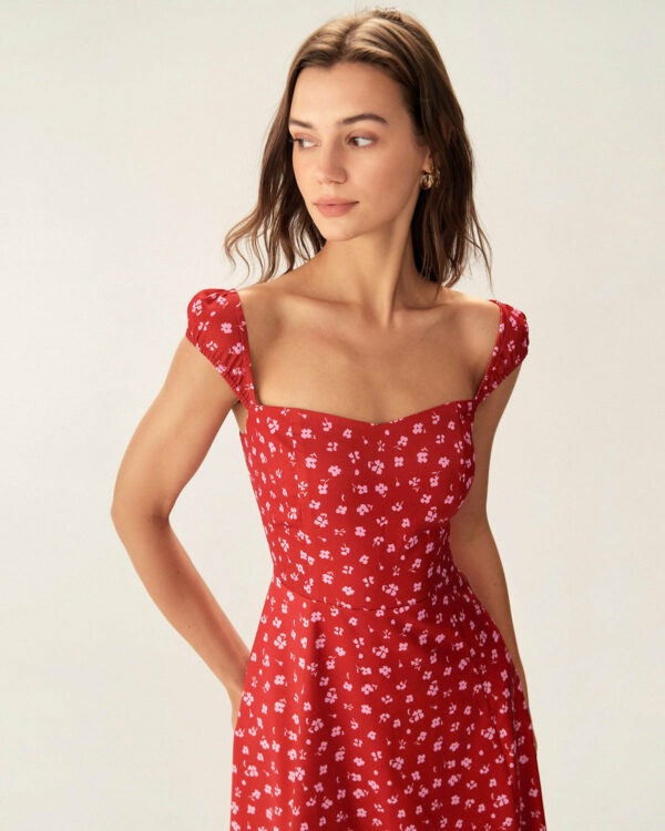 Red Floral Neck Cap Sleeve Midi Dress - Image 2
