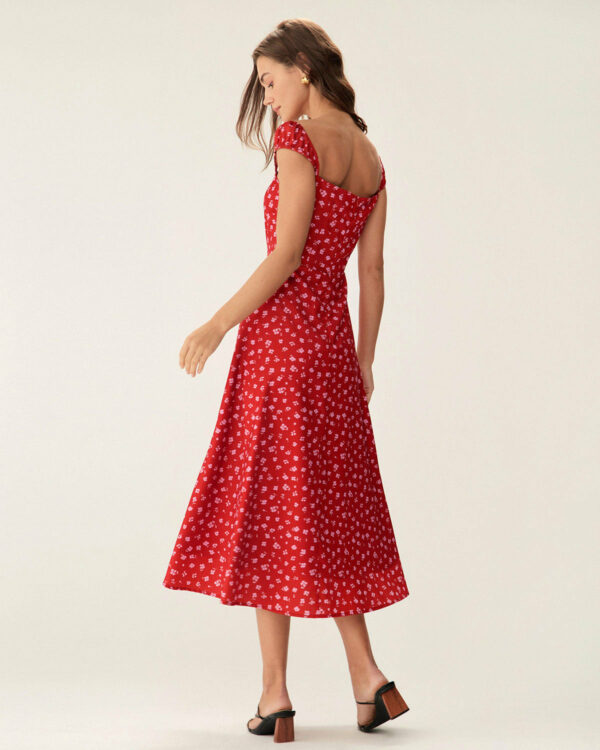 Red Floral Neck Cap Sleeve Midi Dress - Image 4