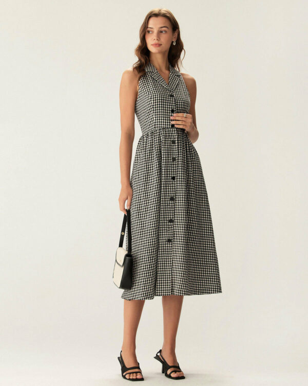 Black Plaid Sleeveless Button Midi Dress - Image 3