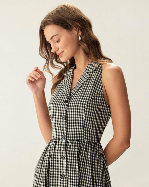 Black Plaid Sleeveless Button Midi Dress - Image 2
