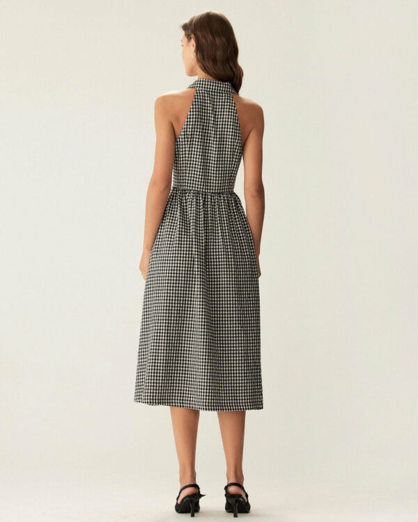 Black Plaid Sleeveless Button Midi Dress - Image 4