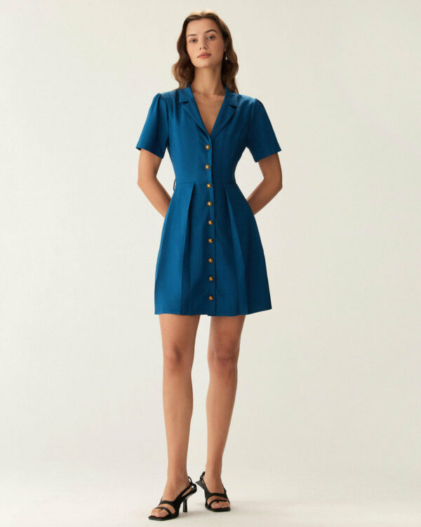 Blue Puffed Sleeve Button Mini Dress - Image 4