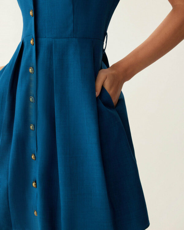 Blue Puffed Sleeve Button Mini Dress - Image 3