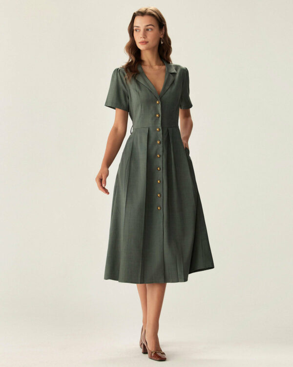 Green V Neck Pleated Button Midi Dress - Image 3
