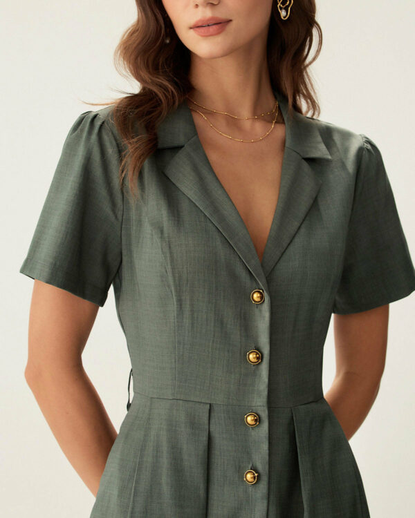 Green V Neck Pleated Button Midi Dress - Image 2