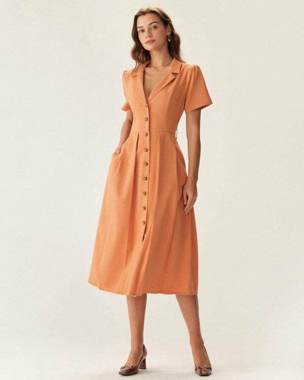 Orange V Neck Pleated Button Midi Dress - Image 3
