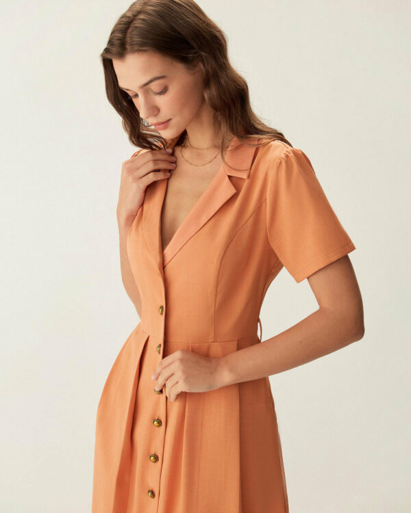 Orange V Neck Pleated Button Midi Dress - Image 2