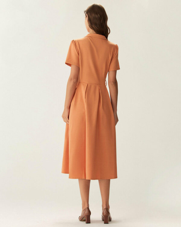 Orange V Neck Pleated Button Midi Dress - Image 4