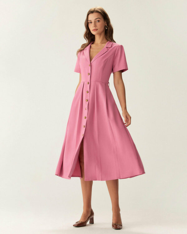 Rose Red V-Neck Button Midi Dress - Image 3