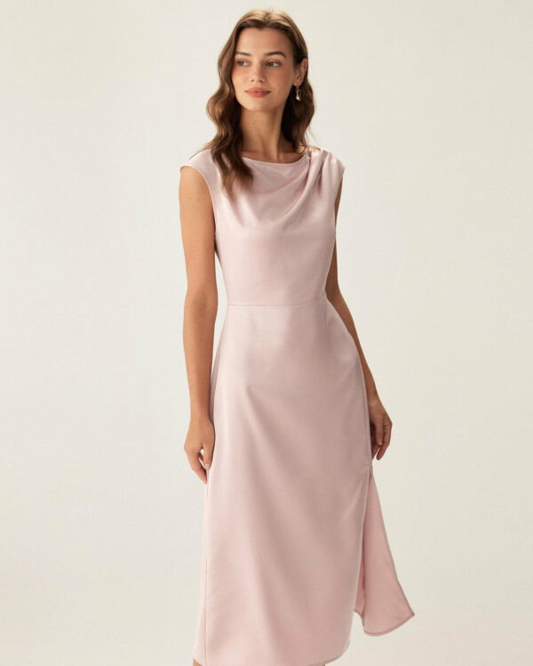 Pink Satin Boat Neck Slit Sleeveless Midi Dress - Image 2
