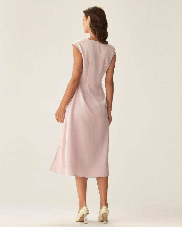 Pink Satin Boat Neck Slit Sleeveless Midi Dress - Image 4