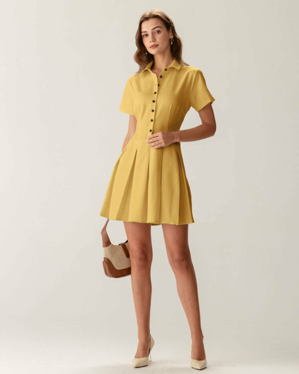Yellow Button Pleated Mini Dress - Image 6