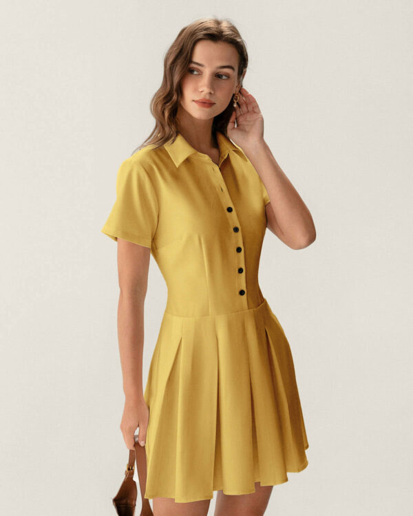 Yellow Button Pleated Mini Dress - Image 4