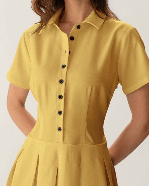 Yellow Button Pleated Mini Dress - Image 2