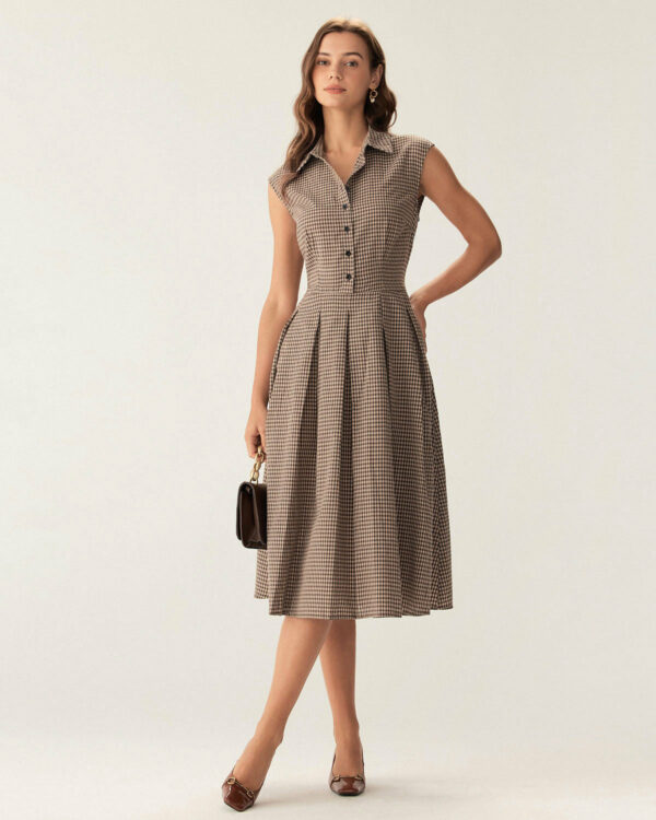 Brown Plaid Button Pleated Midi Dress - Image 3