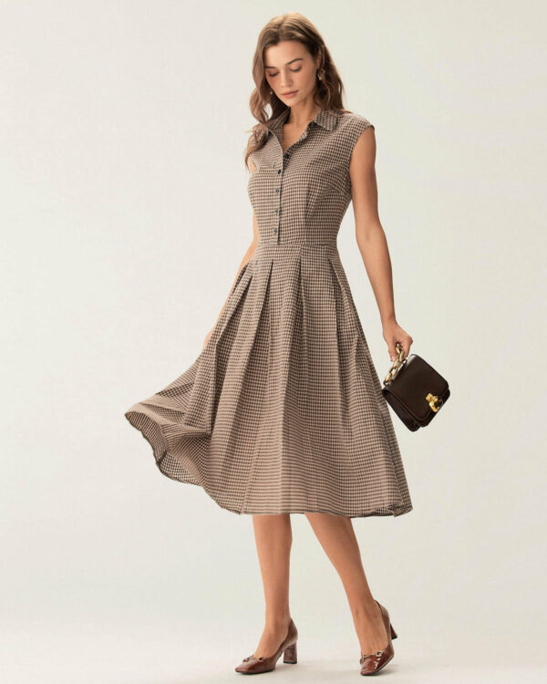 Brown Plaid Button Pleated Midi Dress - Image 4