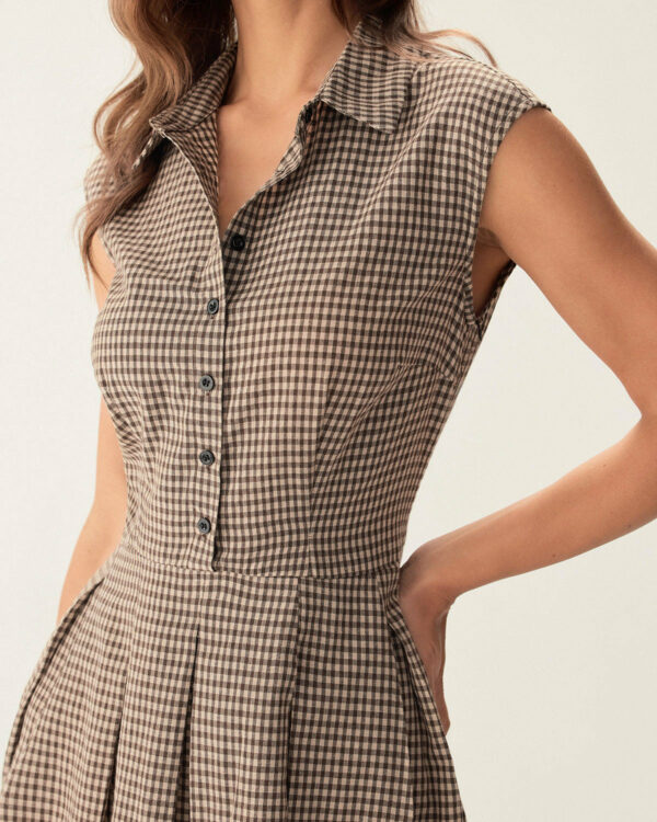 Brown Plaid Button Pleated Midi Dress - Image 2