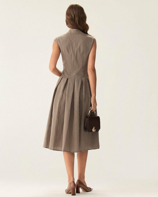 Brown Plaid Button Pleated Midi Dress - Image 5