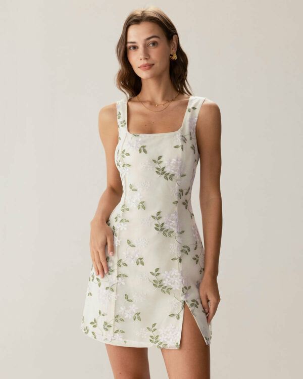 Beige Square Neck Embroidery Slit Slip Mini Dress - Image 3