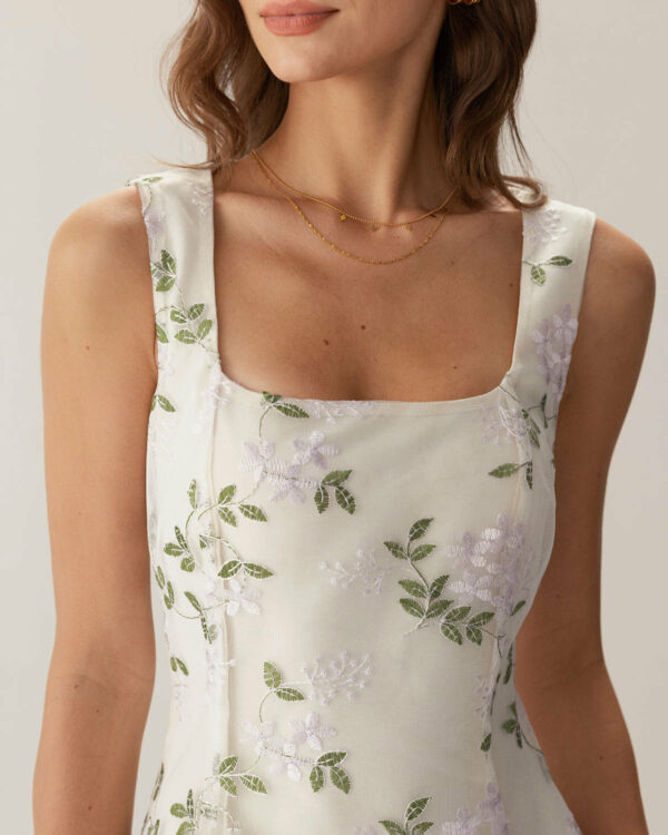 Beige Square Neck Embroidery Slit Slip Mini Dress - Image 2
