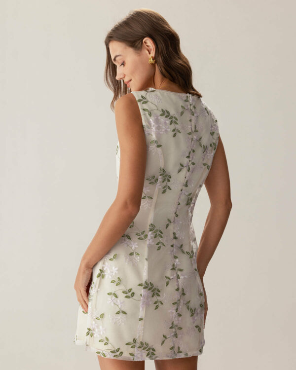 Beige Square Neck Embroidery Slit Slip Mini Dress - Image 5
