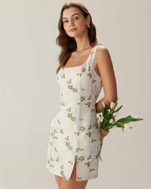 Beige Square Neck Embroidery Slit Slip Mini Dress - Image 4