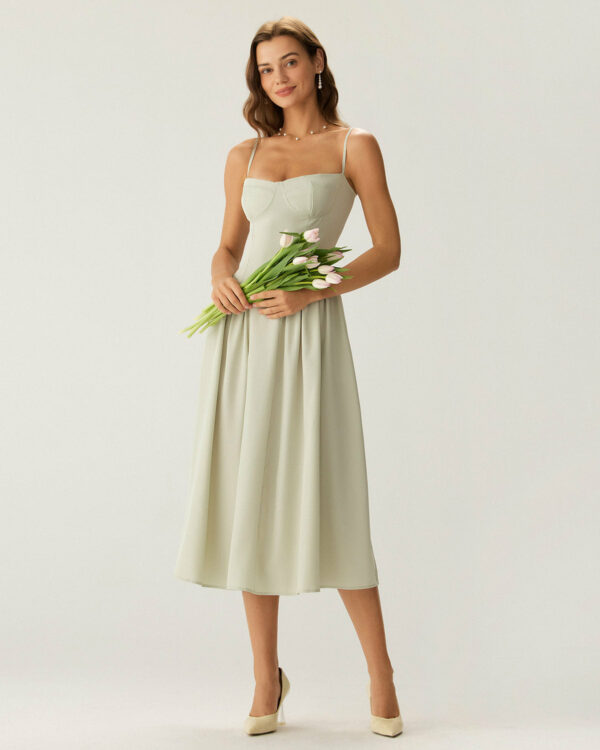Green Square Neck Pocket Slip Midi Dress - Image 3