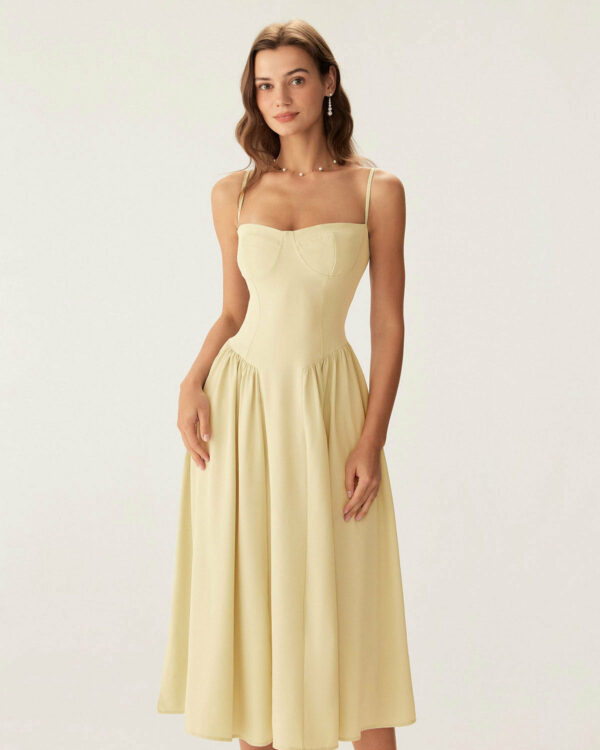 Yellow Square Neck Pocket Slip Midi Dress - Image 3