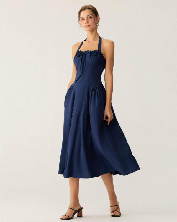 Navy Ruched Halter Midi Dress - Image 4