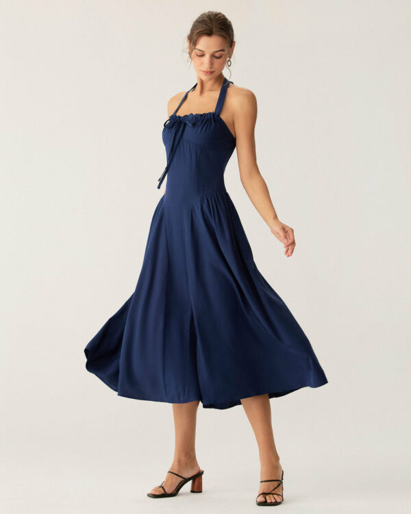 Navy Ruched Halter Midi Dress - Image 5