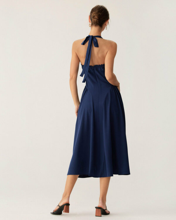 Navy Ruched Halter Midi Dress - Image 6