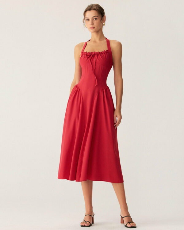 Red Ruched Halter Midi Dress - Image 3