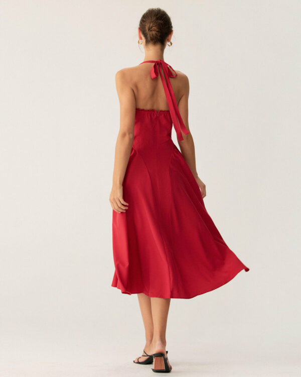 Red Ruched Halter Midi Dress - Image 4