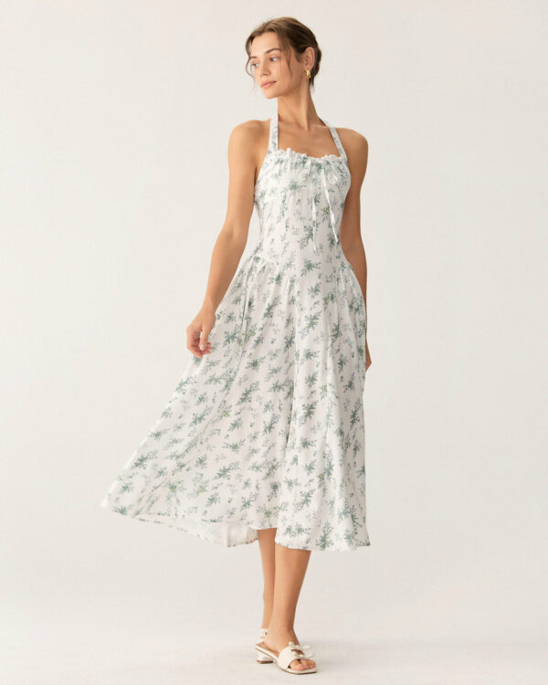 Green Floral Ruched Lace Halter Midi Dress - Image 3