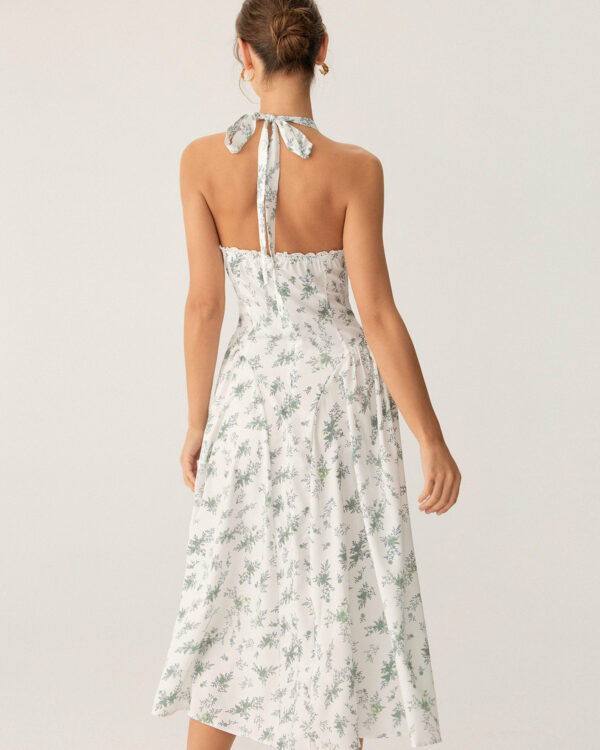 Green Floral Ruched Lace Halter Midi Dress - Image 4