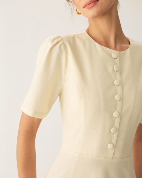 Beige Puffed Sleeve Button Midi Dress - Image 2