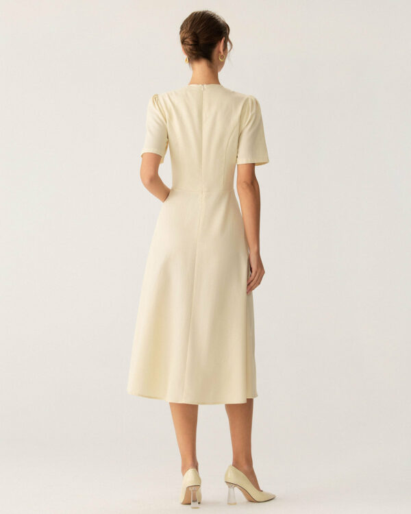 Beige Puffed Sleeve Button Midi Dress - Image 3