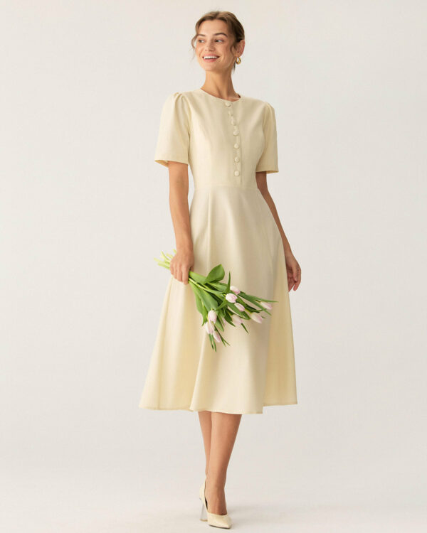 Beige Puffed Sleeve Button Midi Dress - Image 4