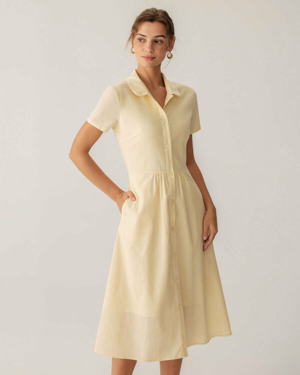 Yellow Button Short Sleeve Midi Dress