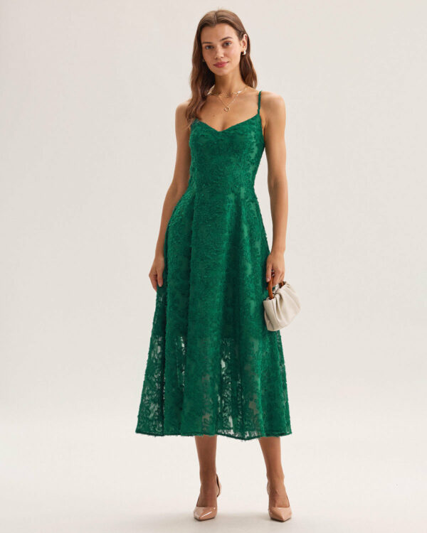 Green Floral Shirred Slip Midi Dress - Image 5