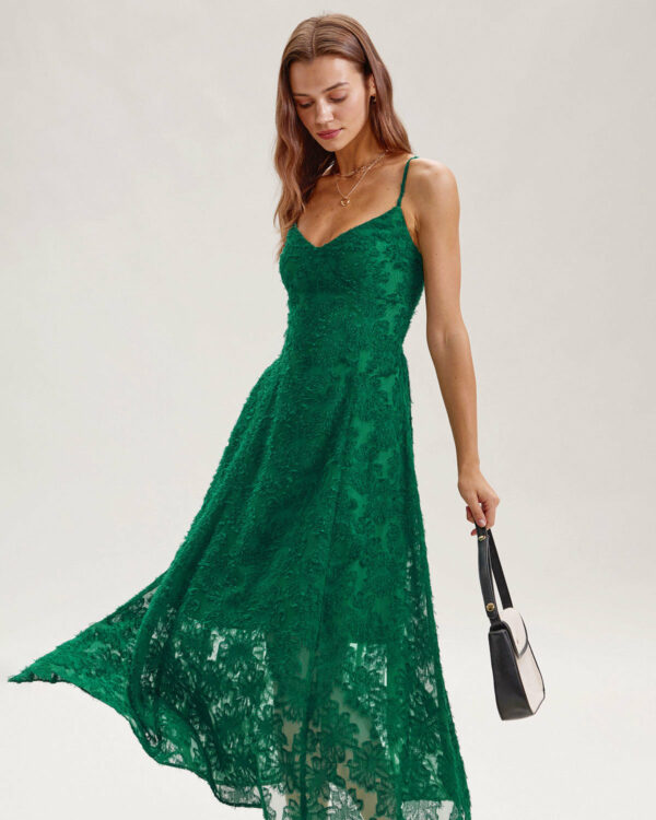 Green Floral Shirred Slip Midi Dress - Image 4