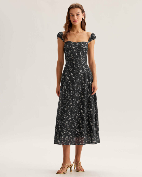 Black Floral Neck Midi Dress
