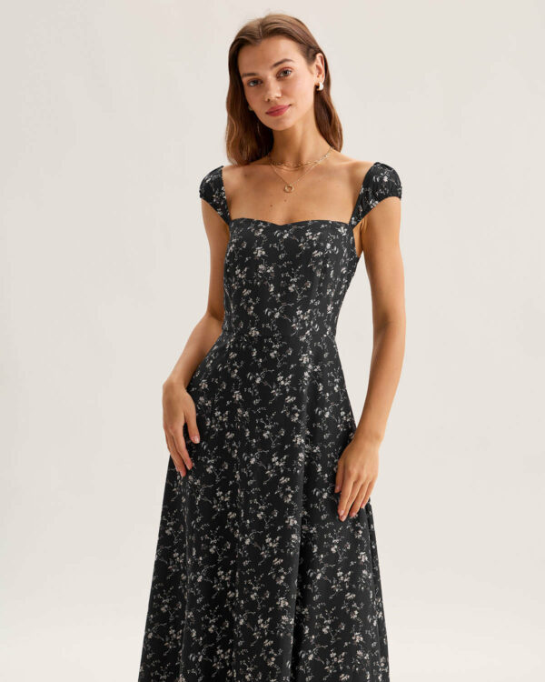 Black Floral Neck Midi Dress - Image 4