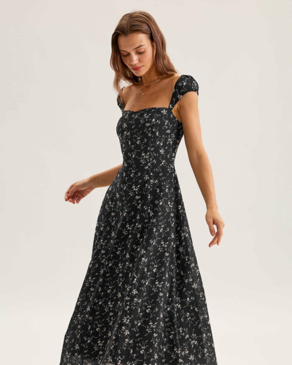 Black Floral Neck Midi Dress - Image 5