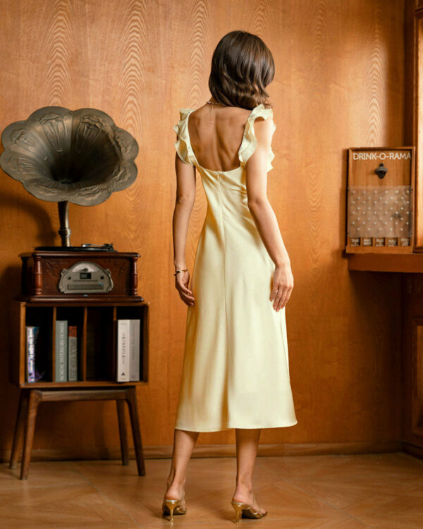 Yellow Square Neck Ruffle Satin Midi Dress - Image 4