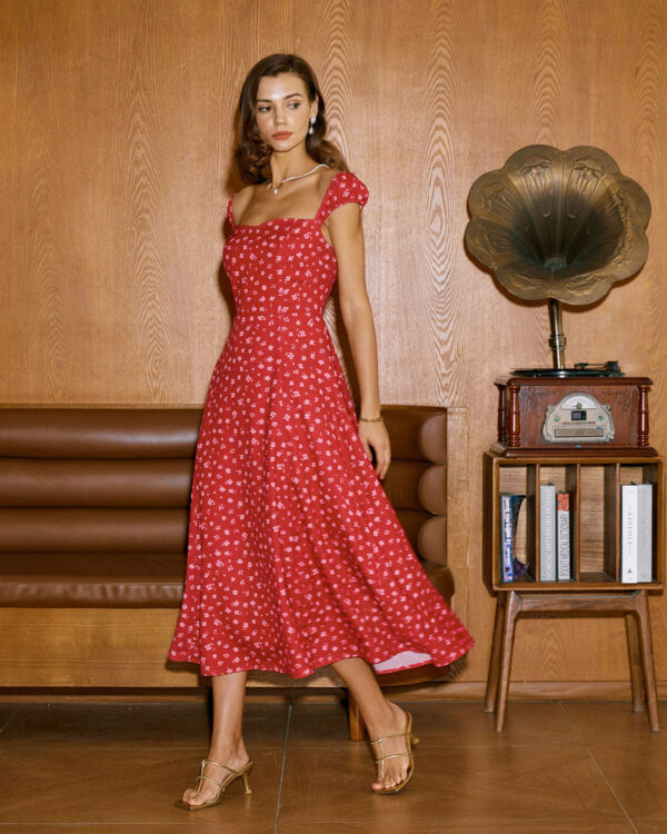 Red Floral Neck Cap Sleeve Midi Dress - Image 8