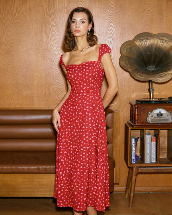 Red Floral Neck Cap Sleeve Midi Dress - Image 5