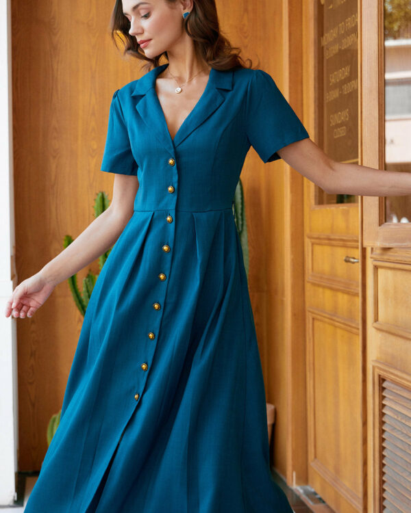 Blue V Neck Pleated Button Midi Dress - Image 8